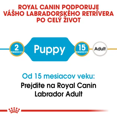 Royal Canin podporuje labradorského retrívera po celý život. Od 15 mesiacov prejdite na Royal Canin Labrador Adult. Puppy: 2–15 mesiacov, Adult od 15 mesiacov.