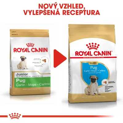 Porovnání starého a nového balení krmiva Royal Canin Pug Puppy s textem: Nový vzhled, vylepšená receptura. Obě balení zobrazují psa mops a název produktu.
