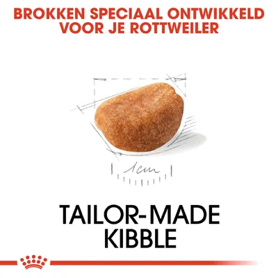 Brokken speciaal ontwikkeld voor je Rottweiler, afbeelding van een brok met maatindicatie 1 cm, tekst: TAILOR-MADE KIBBLE.