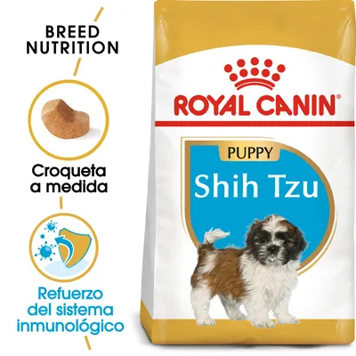 ROYAL CANIN Puppy Shih Tzu, croqueta a medida, refuerzo del sistema inmunológico. Imagen de un cachorro Shih Tzu en el envase.