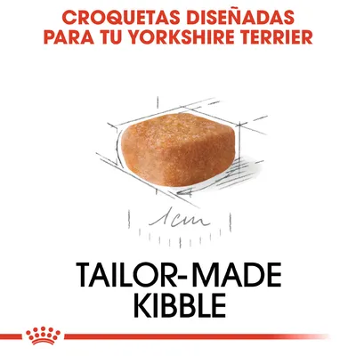 Croquetas diseñadas para tu Yorkshire Terrier. Imagen de una croqueta con medida de 1 cm. Texto en inglés: Tailor-made kibble.