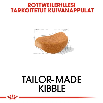 Rottweilerillesi tarkoitetut kuivanappulat, yksittäinen nappula kuvattuna. Teksti: TAILOR-MADE KIBBLE.