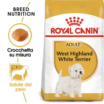 Royal Canin Adult West Highland White Terrier, crocchetta su misura, salute del pelo. Immagine della confezione con cane bianco e dettagli sulle caratteristiche visibili.