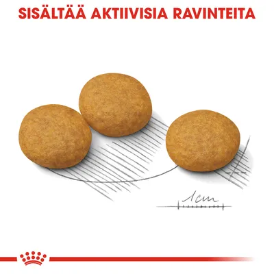 Kolme pyöreää nappulaa, viivapiirros mittakaavalla 1 cm. Ylhäällä teksti: SISÄLTÄÄ AKTIIVISIA RAVINTEITA.