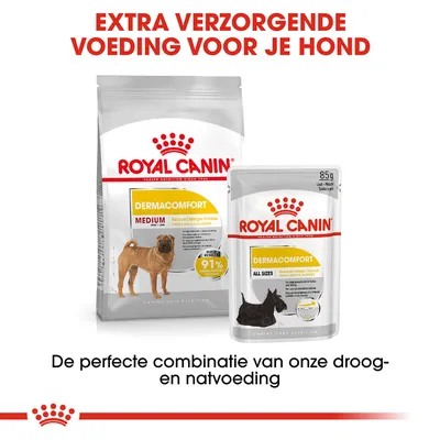 Royal Canin Dermacomfort Medium droogvoer en Dermacomfort All Sizes natvoer voor honden, tekst: extra verzorgende voeding voor je hond, de perfecte combinatie van droog- en natvoeding.