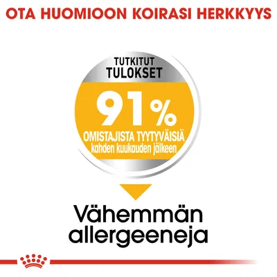 Ota huomioon koirasi herkkyys. Tutkitut tulokset: 91 % omistajista tyytyväisiä kahden kuukauden jälkeen. Vähemmän allergeeneja.
