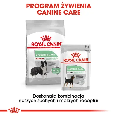 Royal Canin Digestive Care Medium karma sucha i mokra dla psów, widoczne opakowania 85 g i duże. Program żywienia Canine Care. 91 % poprawy jakości stolca.