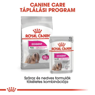 Royal Canin Exigent Mini száraz és Exigent All Sizes nedves kutyatáp csomagolás, 85 g. Száraz és nedves formulák tökéletes kombinációja felirattal.