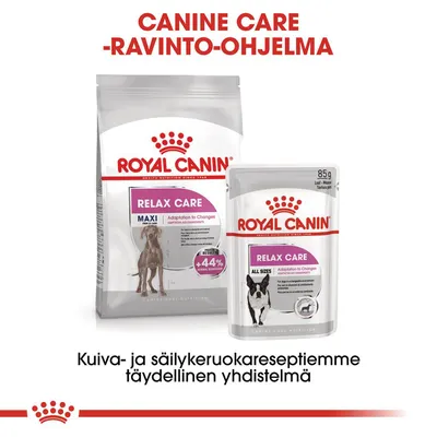 Royal Canin Relax Care -kuivaruoka ja 85 g säilykeruoka koirille, teksti: Canine Care -ravinto-ohjelma. Kuiva- ja säilykeruokareseptiemme täydellinen yhdistelmä.