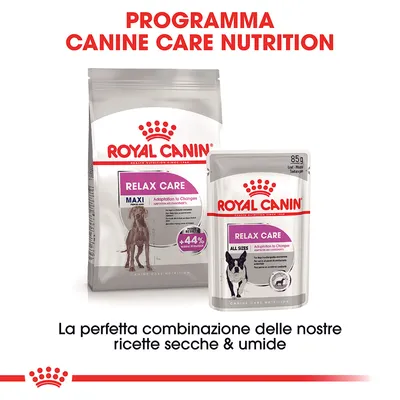 Royal Canin Relax Care Maxi crocchette e Relax Care All Sizes bocconcini 85 g. Testo: Programma Canine Care Nutrition. La perfetta combinazione delle nostre ricette secche & umide.