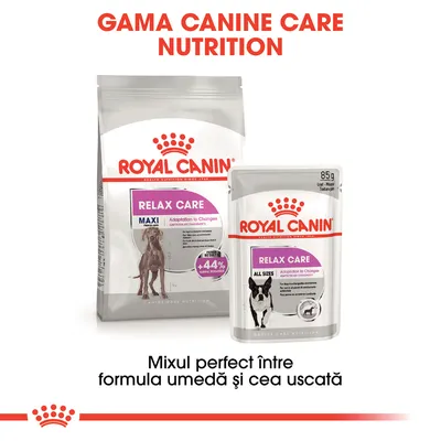 ROYAL CANIN RELAX CARE, hrană uscată și umedă pentru câini. Text vizibil: GAMA CANINE CARE NUTRITION, Mixul perfect între formula umedă și cea uscată, +44% nivel relaxare.