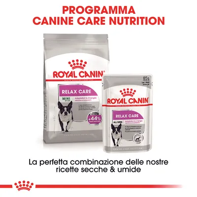 Royal Canin Relax Care Mini crocchette e Relax Care All Sizes umido, testo: Programma Canine Care Nutrition. La perfetta combinazione delle nostre ricette secche & umide.