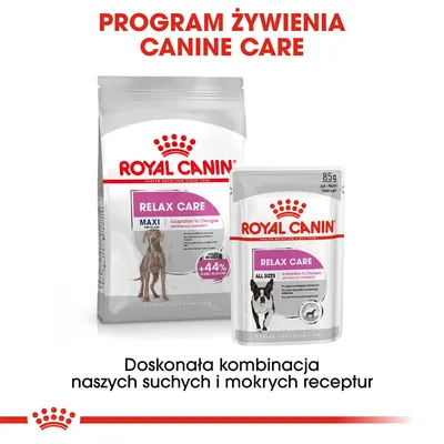 Royal Canin Relax Care Maxi karma sucha i mokra, opakowania z widocznymi psami. Napis: Program żywienia Canine Care. Doskonała kombinacja naszych suchych i mokrych receptur.