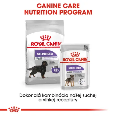 ROYAL CANIN STERILISED MAXI suché krmivo a STERILISED ALL SIZES kapsička pre psy, nápis: Dokonalá kombinácia našej suchej a vlhkej receptúry. Text v angličtine na obale.