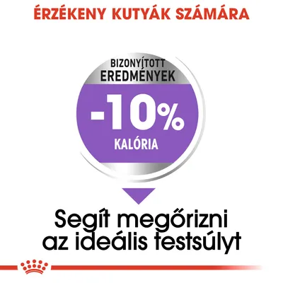 ÉRZÉKENY KUTYÁK SZÁMÁRA. BIZONYÍTOTT EREDMÉNYEK: -10% KALÓRIA. Segít megőrizni az ideális testsúlyt.
