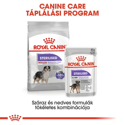 Royal Canin Sterilised Medium száraz táp és Sterilised All Sizes nedves eledel kutyáknak. Száraz és nedves formulák tökéletes kombinációja.