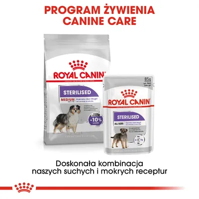Royal Canin Sterilised Medium karma sucha i mokra dla psów, widoczne opakowania 85 g i większe. Napis: Doskonała kombinacja naszych suchych i mokrych receptur.