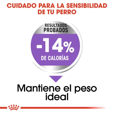 Cuidado para la sensibilidad de tu perro. Resultados probados: -14 % de calorías. Mantiene el peso ideal.