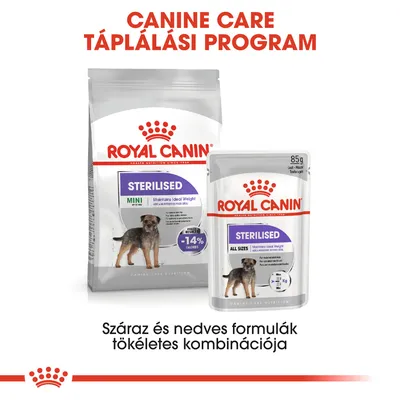 Royal Canin Sterilised kutyatáp: száraz (Mini) és nedves (All Sizes) változat, 85 g. Száraz és nedves formulák tökéletes kombinációja. -14% kalória felirat látható.