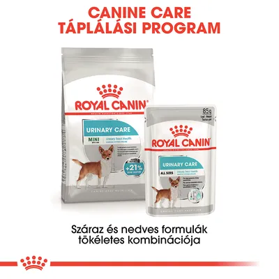 Royal Canin Urinary Care száraz és nedves kutyaeledel csomagolás, felirat: Canine Care Táplálási Program, szöveg: Száraz és nedves formulák tökéletes kombinációja