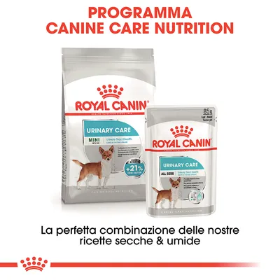 ROYAL CANIN URINARY CARE MINI e ALL SIZES, crocchette e bustina umida per cani, testo: la perfetta combinazione delle nostre ricette secche & umide, 85 g.
