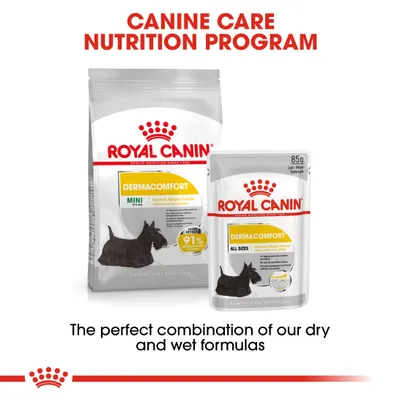 Royal Canin Dermacomfort dry and wet food shown with text: Canine Care Nutrition Program. The perfect combination of our dry and wet formulas. 91% owners satisfied.