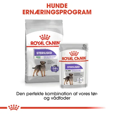 Royal Canin Sterilised tørfoder og vådfoder til hunde. Tekst: HUNDE ERNÆRINGSPROGRAM, Den perfekte kombination af vores tør- og vådfoder. -14 % calories synligt på emballagen.