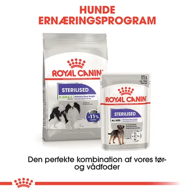 Royal Canin Sterilised X-Small tørfoder og Sterilised All Sizes vådfoder til hunde. Tekst: Hunde Ernæringsprogram. Den perfekte kombination af vores tør- og vådfoder.