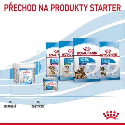 Přechod na produkty Starter Royal Canin: balení Medium, Mini, Maxi, Giant pro štěňata 1–2 měsíce, s vyznačením období narození a odstavení. Viditelné obaly produktů.