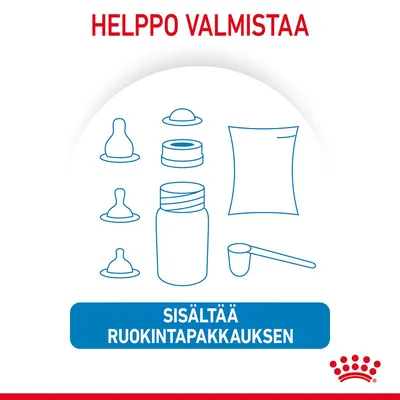Kuvassa ruokintapakkauksen sisältö: tuttipullo, useita tutteja, mittalusikka ja pussi. Teksti: Helppo valmistaa. Sisältää ruokintapakkauksen.