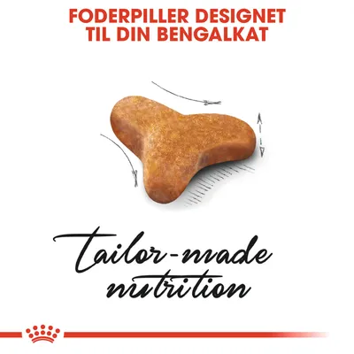 Foderpiller designet til din bengalkat. tailor-made nutrition. Billede af en trekantet foderpille med pile og skitserede linjer omkring.