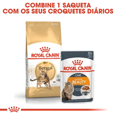 Royal Canin Bengal Adult ração seca e Royal Canin Intense Beauty saqueta 85 g. Texto: Combine 1 saqueta com os seus croquetes diários.