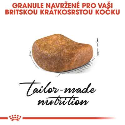Granule navržené pro britskou krátkosrstou kočku, zobrazen jeden kus. Text: tailor-made nutrition.