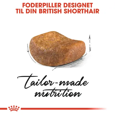 Foderpiller designet til din British Shorthair. tailor-made nutrition. Billede af en foderpille med tekst og grafiske streger omkring formen.