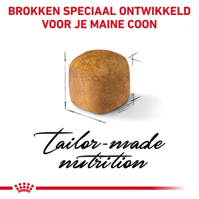 Brokken speciaal ontwikkeld voor je Maine Coon. Tekst: tailor-made nutrition. Afbeelding van een enkele brok met schetslijnen rondom.