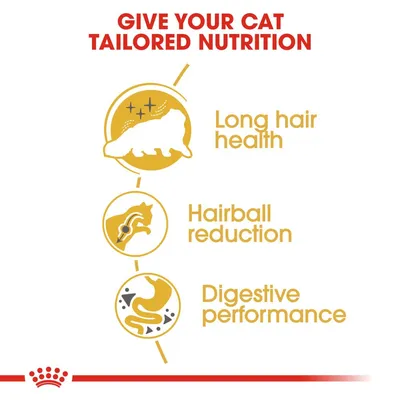 Text: Give your cat tailored nutrition. Long hair health, hairball reduction, digestive performance. Three gold icons beside each benefit. Red crown symbol at bottom.
