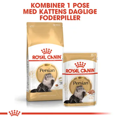 ROYAL CANIN Persian Adult kattefoder tør- og vådfoder. Tekst: Kombiner 1 pose med kattens daglige foderpiller. Begge pakker viser billede af perserkat.