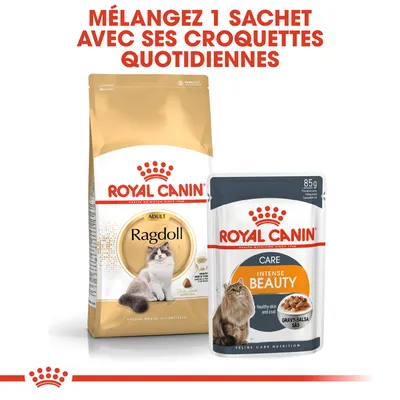 Mélangez 1 sachet avec ses croquettes quotidiennes. Paquet Royal Canin Ragdoll Adult et sachet Royal Canin Intense Beauty Care 85 g visibles.