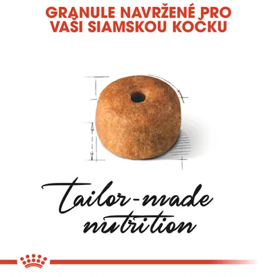 GRANULE NAVRŽENÉ PRO VAŠI SIAMSKOU KOČKU, tailor-made nutrition, zobrazení jedné granule s nákresem. Text v češtině a angličtině.