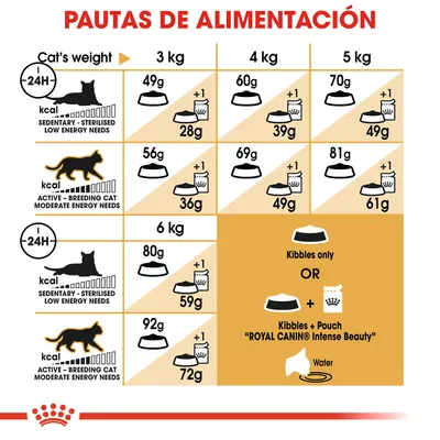 Tabla de pautas de alimentación para gatos según peso y nivel de actividad, con cantidades en gramos de croquetas solas o combinadas con sobre Royal Canin Intense Beauty. Incluye iconos explicativos.