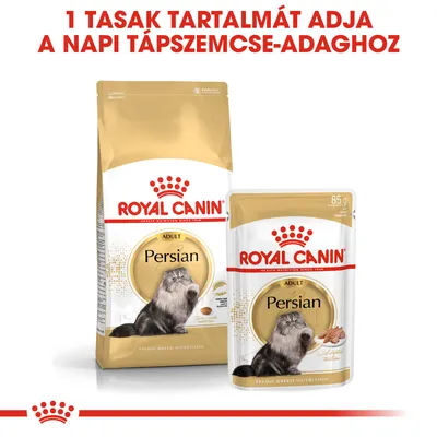 Royal Canin Persian Adult száraz és nedves macskaeledel csomagolás, felül: 1 tasak tartalmát adja a napi tápszemcse-adaghoz. Nedves eledel: 85 g.