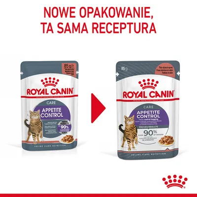 Royal Canin Appetite Control Care dla kotów, porównanie starego i nowego opakowania 85 g. Napis: Nowe opakowanie, ta sama receptura.