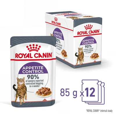 ROYAL CANIN Appetite Control cat food, 85g x12 pouches. Text: 90% of owners reported controlled begging in 4 weeks. Image shows pouch and box with cat and food pieces.