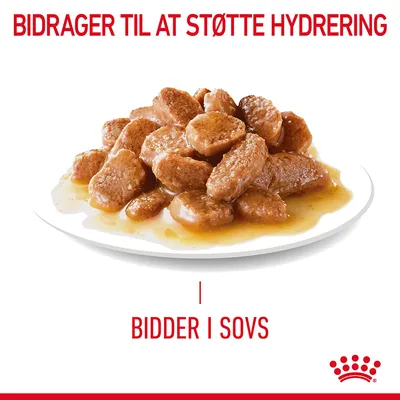 BIDRAGER TIL AT STØTTE HYDRERING. BIDDER I SOVS. Tallerken med kødbidder i sovs, Royal Canin krone-symbol nederst til højre.