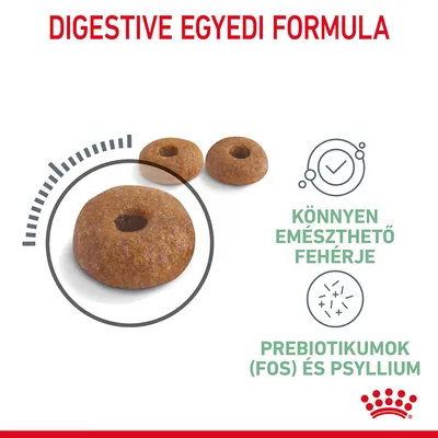 Digestive egyedi formula, könnyen emészthető fehérje, prebiotikumok (FOS) és psyllium. Kerek, lyukas száraztáp szemek láthatók.