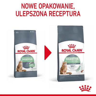 Royal Canin Care Digestive dla kotów – porównanie starego i nowego opakowania. Napis: Nowe opakowanie, ulepszona receptura. Widoczne teksty: -49%, 95% jakości stolca w 10 dni.