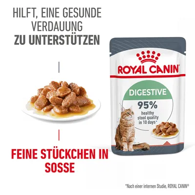 Royal Canin Digestive, feine Stückchen in Sosse. Hilft, eine gesunde Verdauung zu unterstützen. 95% healthy stool quality in 10 days. Nach einer internen Studie von Royal Canin.