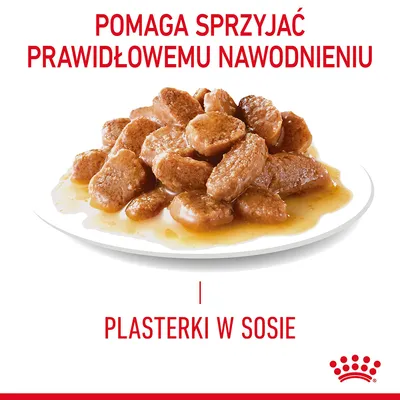 Pomaga sprzyjać prawidłowemu nawodnieniu. Plasterki w sosie. Na zdjęciu widoczne kawałki karmy w sosie na białym talerzu, logo Royal Canin.