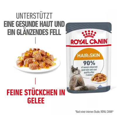 Royal Canin Hair & Skin. Unterstützt gesunde Haut und glänzendes Fell. Feine Stückchen in Gelee. 90% der Besitzer sahen nach 3 Wochen gute Haut- und Fellqualität.