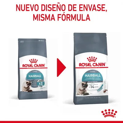 Nuevo diseño de envase, misma fórmula. Dos paquetes de Royal Canin Care Hairball para gatos, mostrando el cambio de diseño del embalaje.